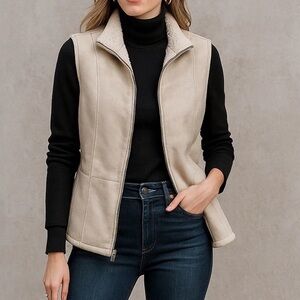 Chico's Sherpa Faux Suede Ecru Vest Zip Front Pockets 2 L / 12-14